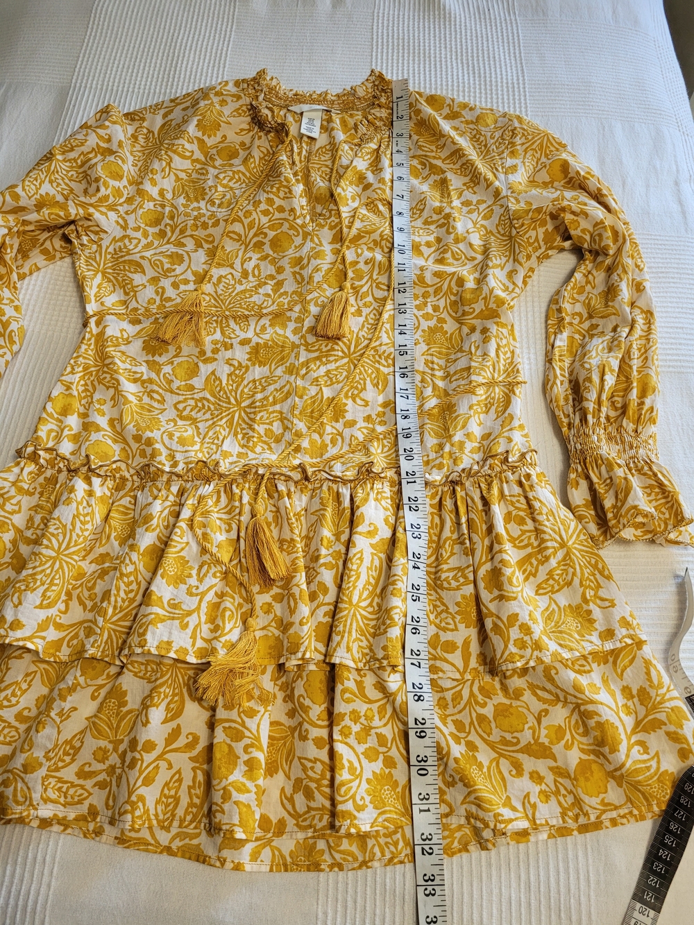 H&M 100% Cotton Top/Dress Yellow/White Floral Tie-Waist Long Sleeve XS -Like New - Picture 11 of 14